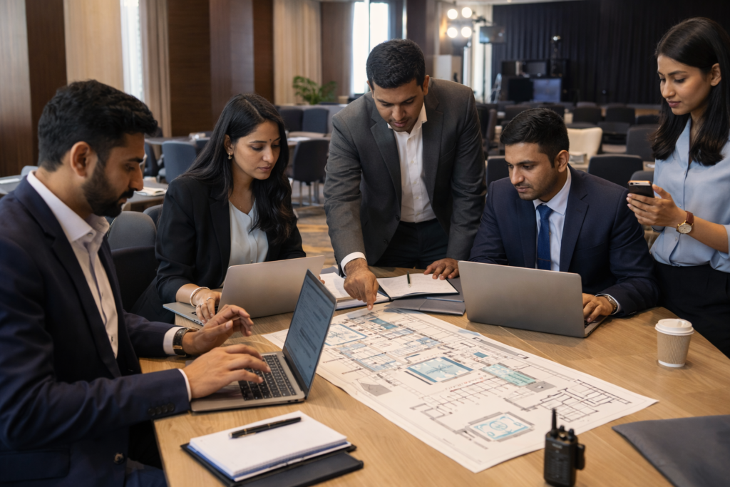 Indian corporate event planning team discussing and organizing an event